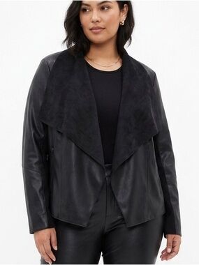Bagatelle Black Faux Leather Flyaway Jacket with Draped Suede Collar XL
